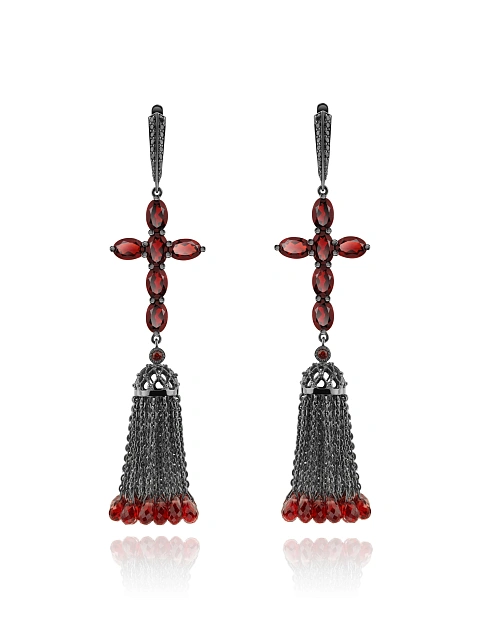 Tassel earrings with crosses in blackened gold with garnets, 1