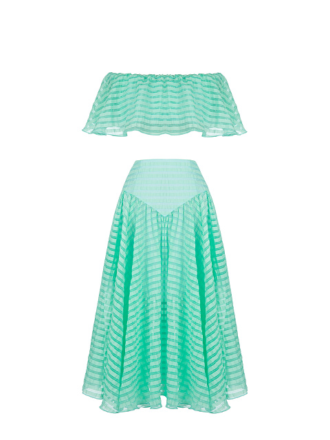 Turquoise Striped Chiffon Top & Midi Skirt, 1