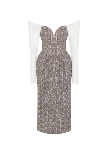 Cotton midi dress with floral print and lace sleeves, 1