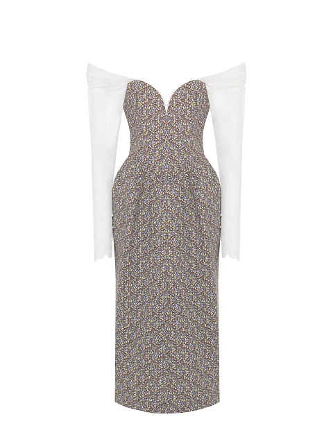 Cotton midi dress with floral print and lace sleeves, 1