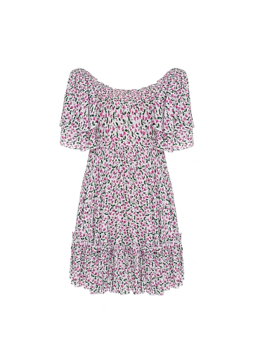 White & Pink Floral Print Cotton Mini Dress With Ruffles, 2