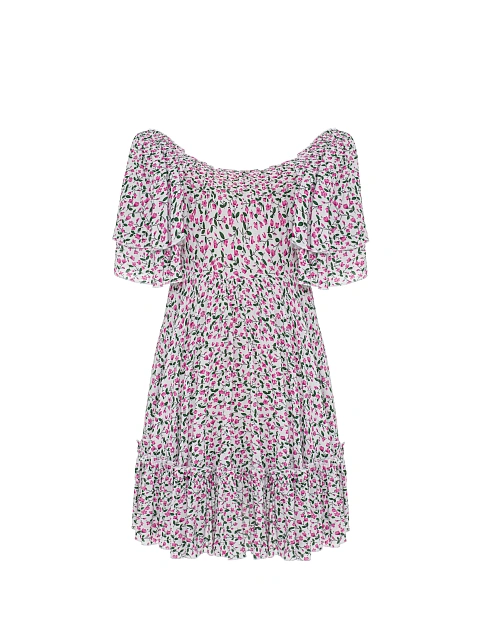 White & Pink Floral Print Cotton Mini Dress With Ruffles, 2 White & Pink Floral Print Cotton Mini Dress With Ruffles, 2