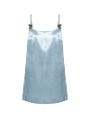 Платье-сорочка мини из голубого атласа, бретели украшены стразами и бантиками Платье-сорочка мини из голубого атласа, бретели украшены стразами и бантиками