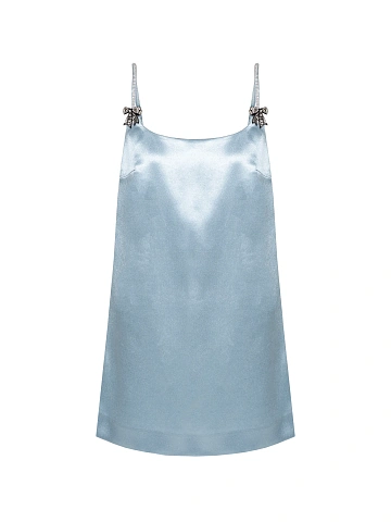 Blue Satin Mini Dress With Rhinestone Bows, 1