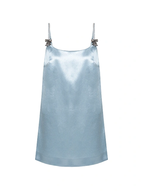 Blue Satin Mini Dress With Rhinestone Bows, 1