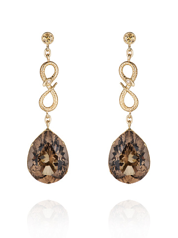 Yellow gold earrings with pear-cut smoky quartz and round diamonds, 1