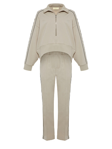 Beige & Black "Yana" Embroidered Jersey Suit, 1