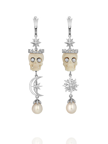 White Gold, Pearls, Diamonds & Mammoth Tusk Skull Earrings, 1