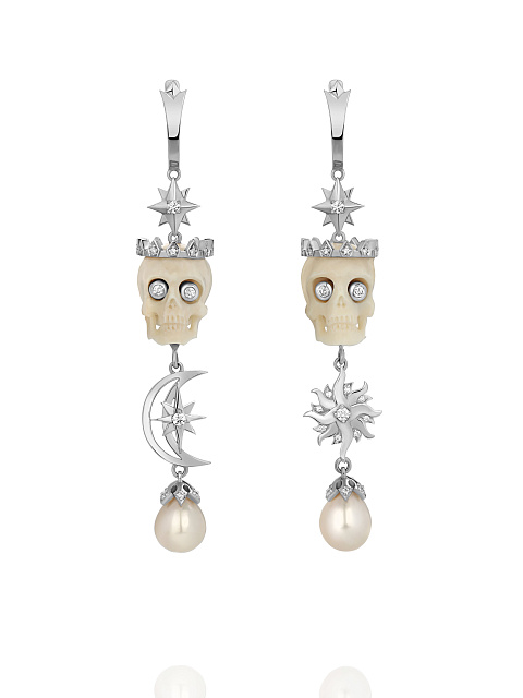 White Gold, Pearls, Diamonds & Mammoth Tusk Skull Earrings, 1