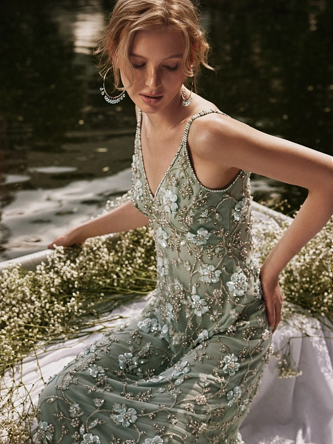 Green Embroidery & Feather Chiffon Maxi Dress, 6