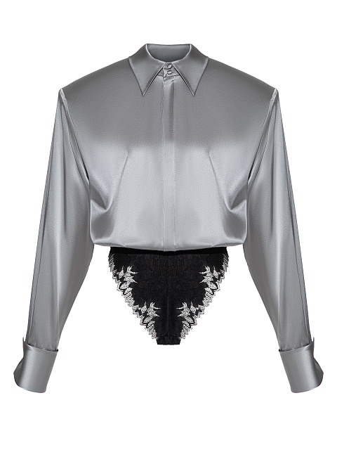 Gray silk bodysuit blouse, 1