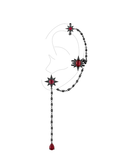 Long earrings with ear cuff in blackened gold with rubies and black diamonds, 1 Long earrings with ear cuff in blackened gold with rubies and black diamonds, 1