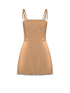 Бежевое атласное платье-мини со стразами на подоле