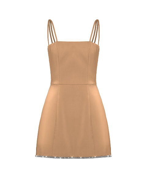 Rhinestones Trimmed Tan Satin Mini Dress, 1
