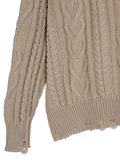 Light Brown Distressed Cable Knit Sweater, 3