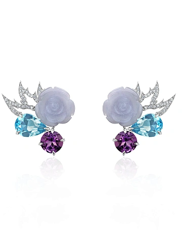White gold studs with topazes, amethysts and roses carved from chalcedony, 1