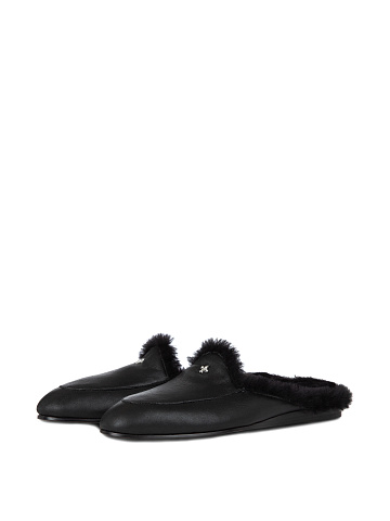 Black Leather Fur Trimmed Mules, 1