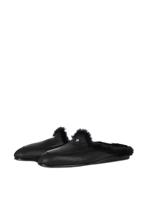 Black Leather Fur Trimmed Mules, 1