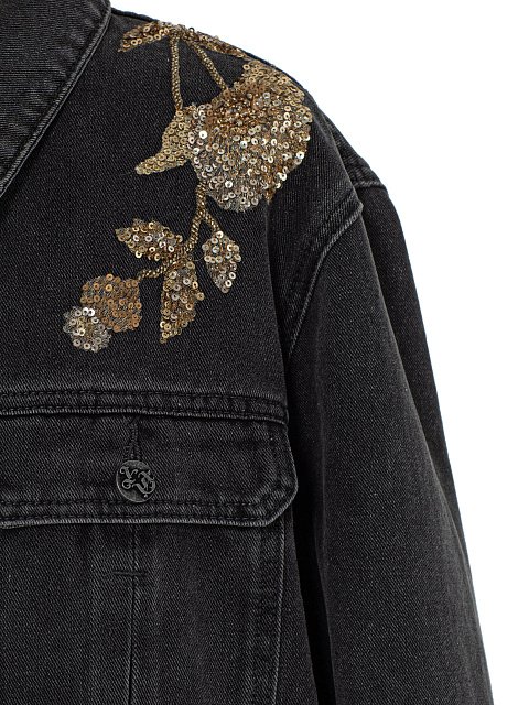 Black Denim Jacket with Floral Embroidery, 6