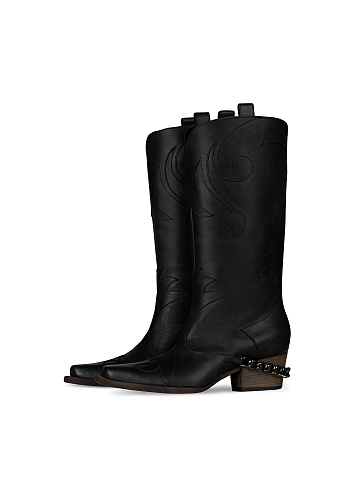 Black Leather Embroidered Cowboy Boots, 1