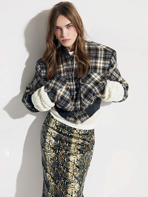 Dark Brown Plaid Cropped Bomber Jacket, 2