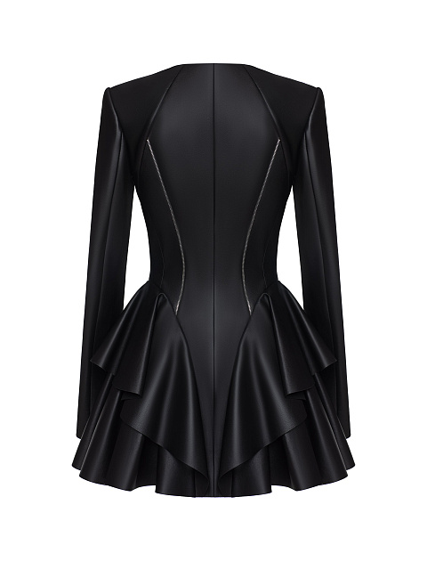 Black leather mini dress with ruffles, 8