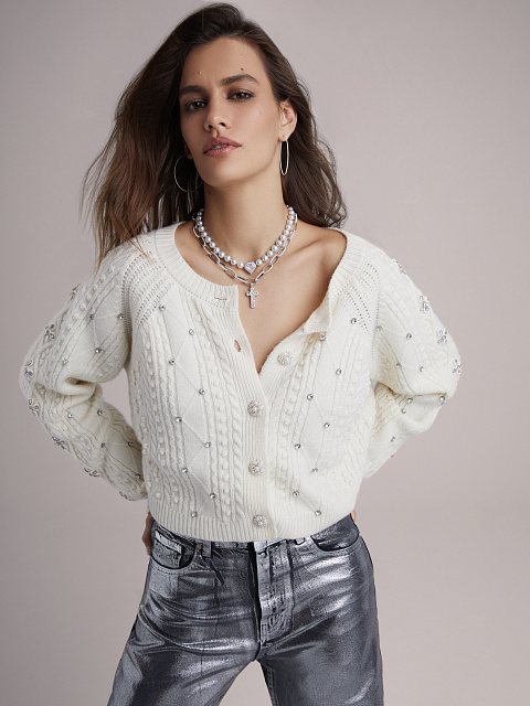 Milk-colored cashmere cardigan with rhinestones, 5