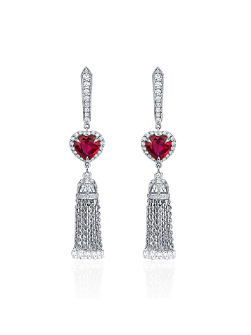 White Gold, Heart-Cut Ruby & Diamonds Tassel Earrings, 1