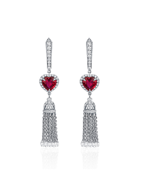 White Gold, Heart-Cut Ruby & Diamonds Tassel Earrings, 1