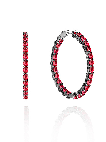 Oval Ruby & Black Round Diamond & Black Gold Hoop Earrings, 1