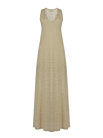Beige Striped Linen Maxi Dress, 1
