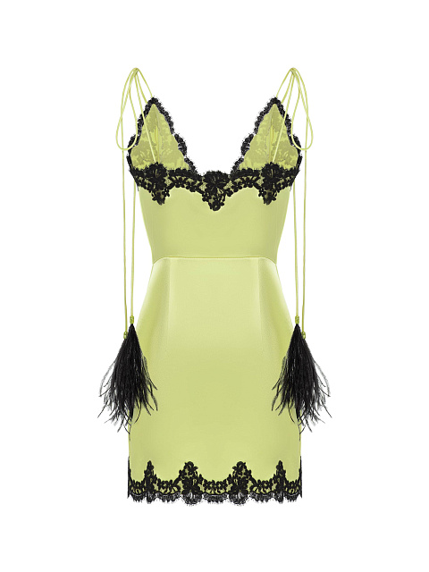 Light Green Silk Mini Dress With Black Lace, 2