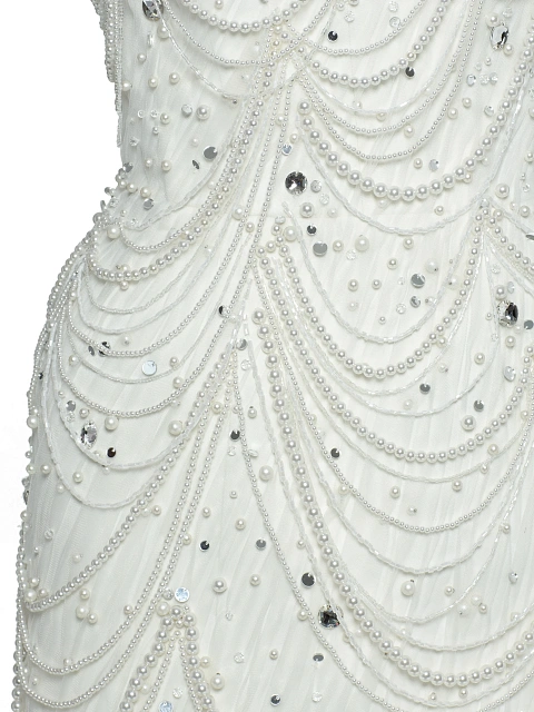 White Pearls & Rhinestones Silk Mini Dress, 4