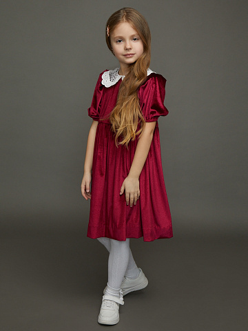 Bordeaux Lace Collar Velvet Girl's Dress, 1