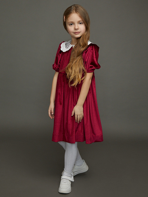 Bordeaux Lace Collar Velvet Girl's Dress, 1
