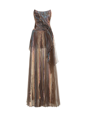 Brown Plisse Organza Maxi Dress, 1