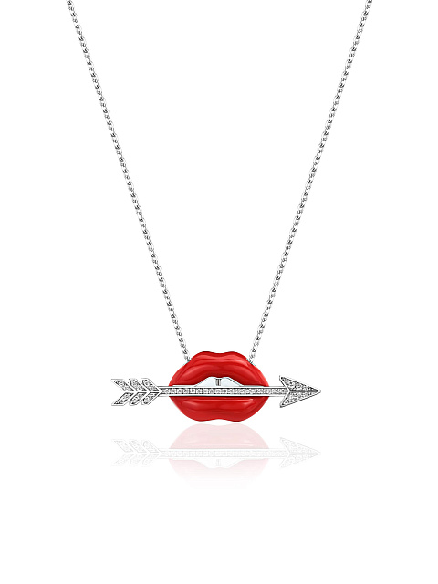 Lip-shaped necklace with pendant with Red Color enamel and diamonds, 1