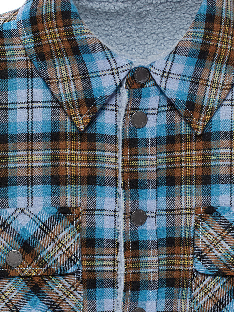 Blue Checked Cropped Faux Fur Lined Shirt, 3 Blue Checked Cropped Faux Fur Lined Shirt, 3