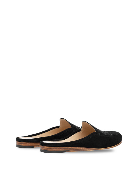 Black Embroidered Suede Mules, 3