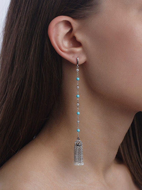 Briolette Diamond & Bead Turquoise & White Gold Tassel Earrings, 2