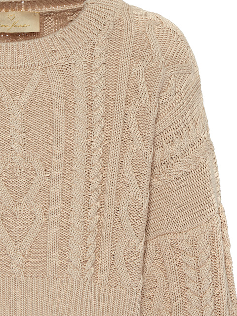 Beige Cotton Cropped Cable Knit Sweater, 3