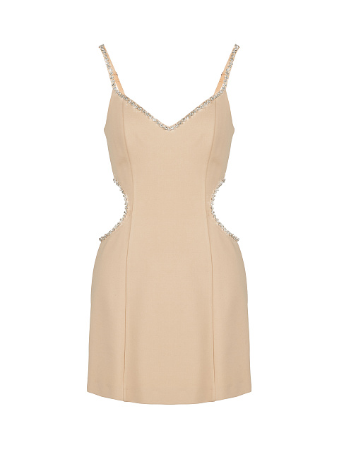 Crystals Embellished Beige Cut Out Mini Dress, 1