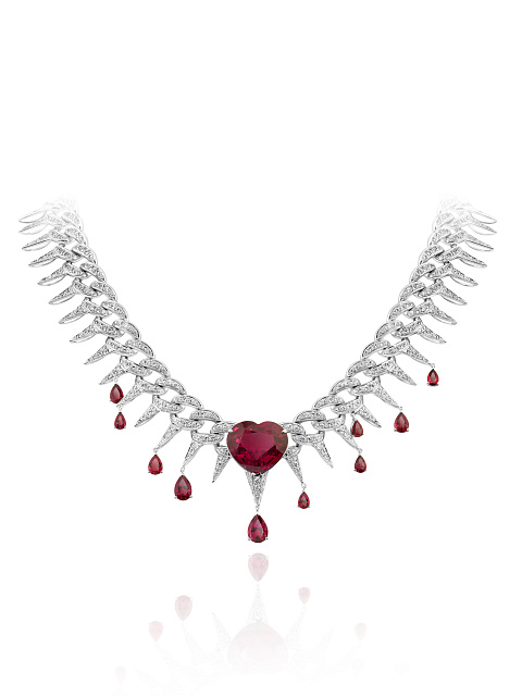 White gold necklace with heart-cut rubellite and round-cut diamonds, 1