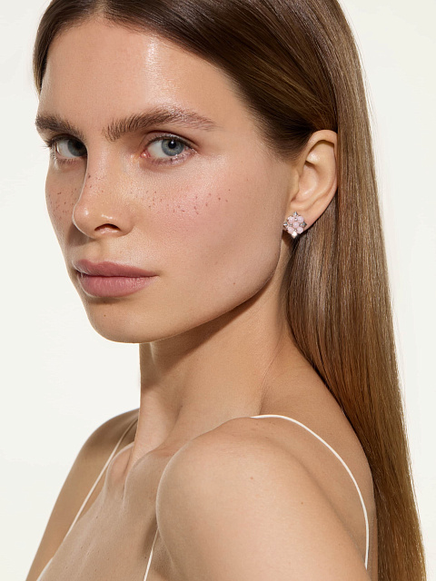 White gold stud earrings with cabochon-cut pink opal, 2