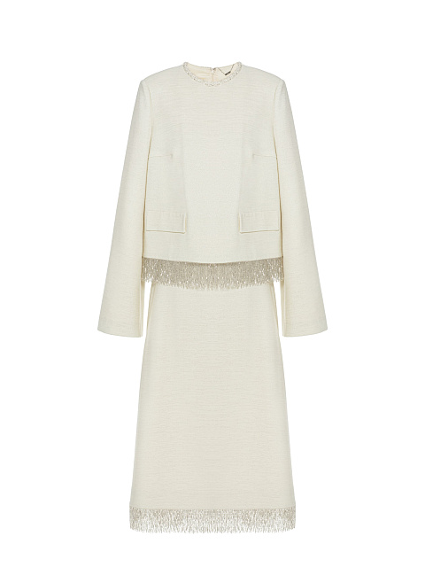 Milk-colored suit with jacket and midi skirt with beaded fringe, 1