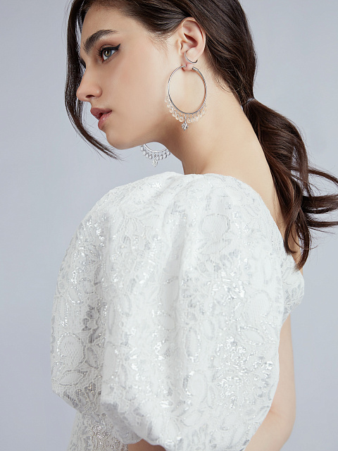 White Asymmetric Lace Mini Dress , 4