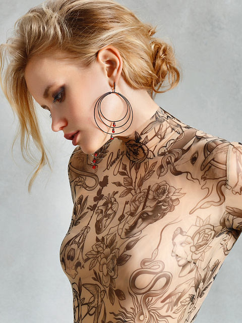 Beige Tattoo Printed Long Sleeve Bodysuit, 6