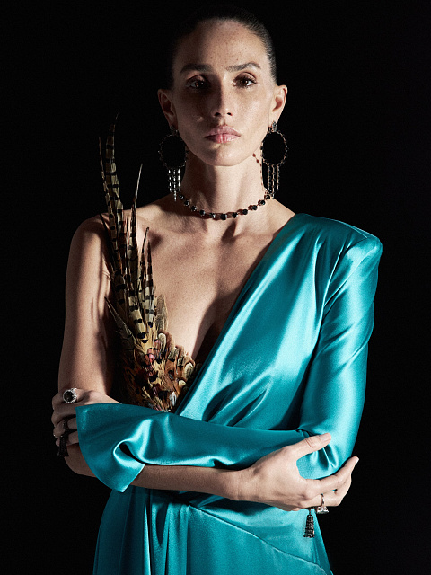 Turquoise Silk Dress With Feathers, 6