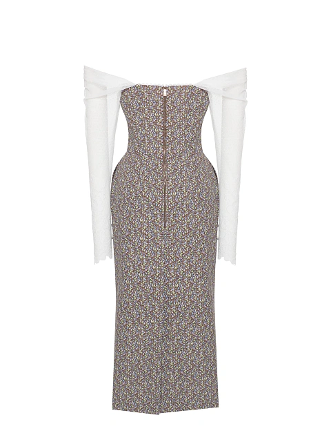 Cotton midi dress with floral print and lace sleeves, 2