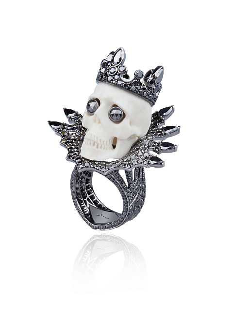 Mammoth Tusk, Black Diamond & Black Gold Skull Ring, 1